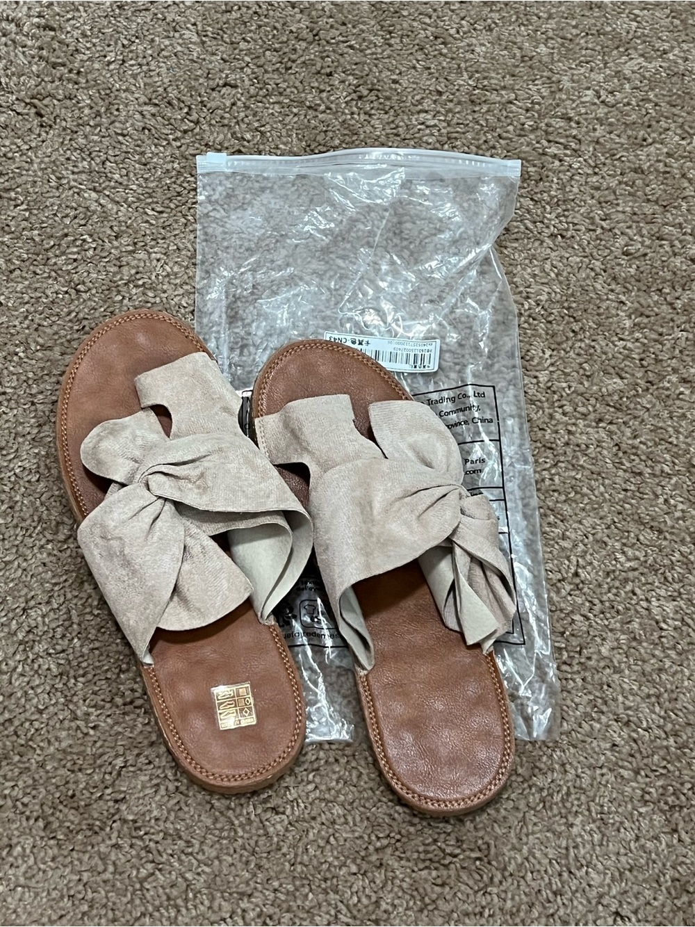 Beige Bow Knotted Suede Like Slide Sandals - Women - Picture 6 of 7